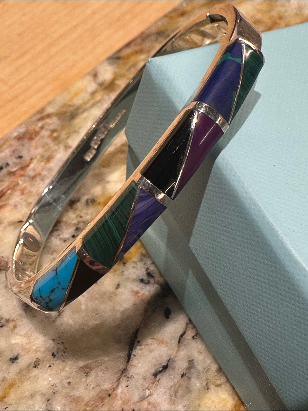 Vintage Taxco Signed 925 Sterling Silver Multi Gem Inlay Hinged Cuff Bracelet!
